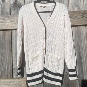 LOFT White and Black Striped Trim Cardigan Size M
